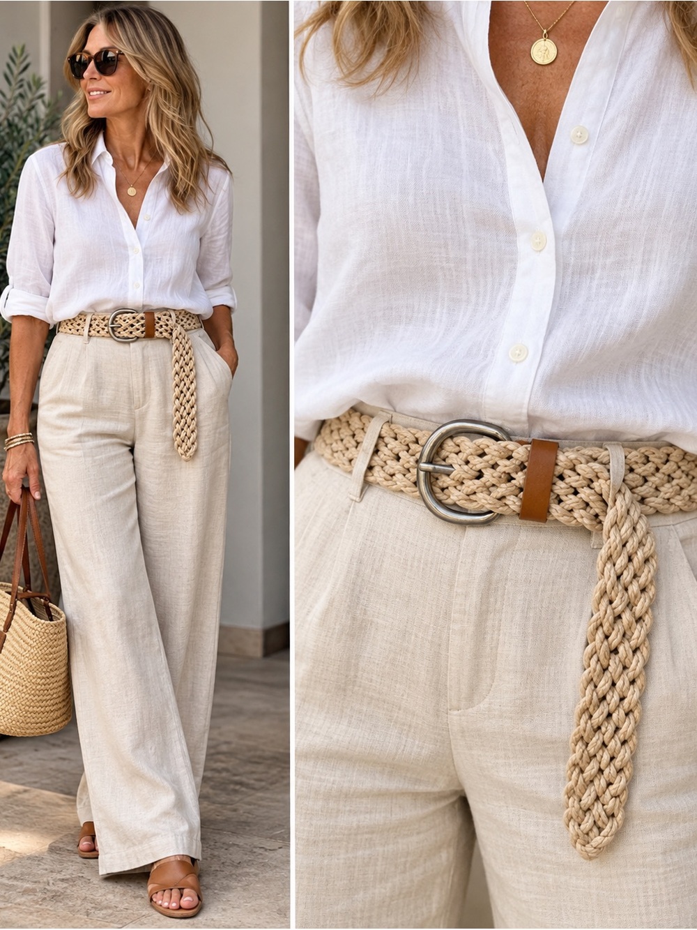 Tan Braided Rope Belt Silver Tone Buckle Boho Coastal Woven Waist Belt Like New